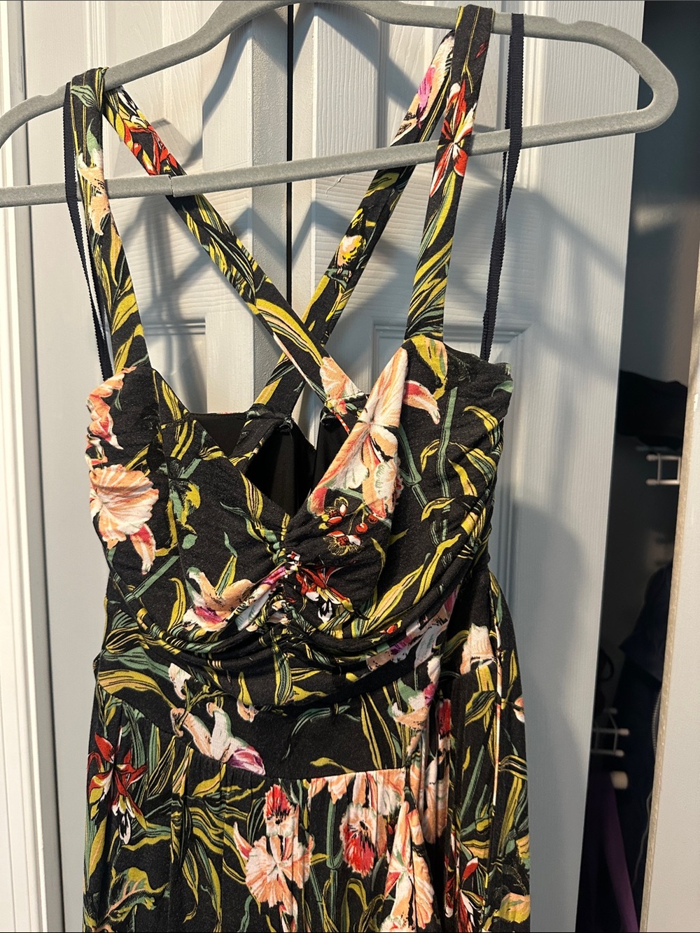 Anthropologie Black Floral dress with Pink & Green Botanical Print